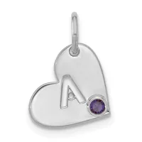 Silver heart-shaped pendant with the letter A cutout and a round purple gemstone set on the lower right, suspended from a silver bail.