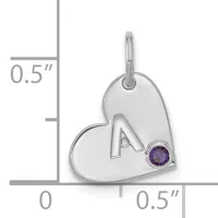 Silver heart pendant with the letter A and a small purple gemstone, shown with measurement scale indicating approximately 0.5 inches in height and width.