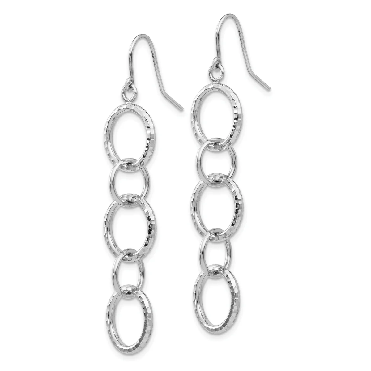 A pair of silver fish hook earrings with four connected oval links of decreasing size hanging from each ear wire.