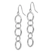 A pair of silver fish hook earrings with four connected oval links of decreasing size hanging from each ear wire.