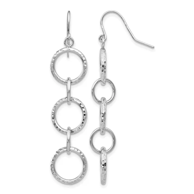 Silver-toned dangle earrings with three graduated textured circles connected vertically, suspended from curved ear wires.