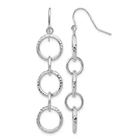Silver-toned dangle earrings with three graduated textured circles connected vertically, suspended from curved ear wires.