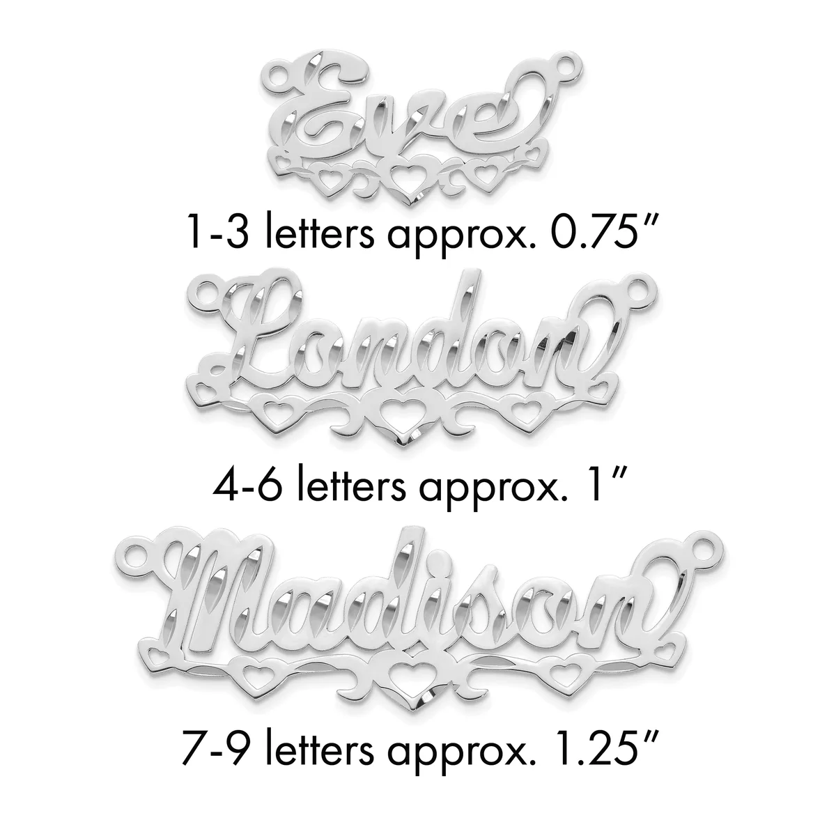 Three silver-colored decorative name pendants with ornate filigree borders in increasing sizes, labeled by letter count and approximate dimensions.