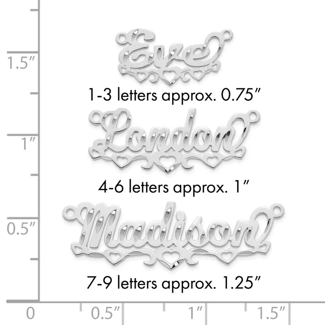 Three decorative metal name pendants of increasing size displayed against a ruler, showing approximate dimensions for 1-3, 4-6, and 7-9 letter names.