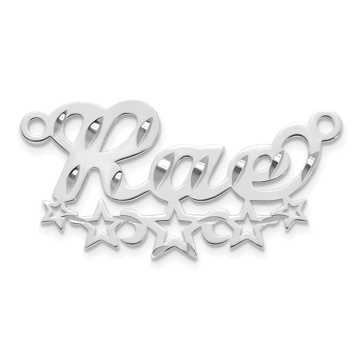 A silver-toned metal pendant charm with decorative script lettering and three star shapes attached below, featuring small loop attachments at the ends.