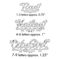Three silver-toned metal word pendants with decorative stars and flourishes, labeled by letter count and approximate size from 0.75 to 1.25 inches.