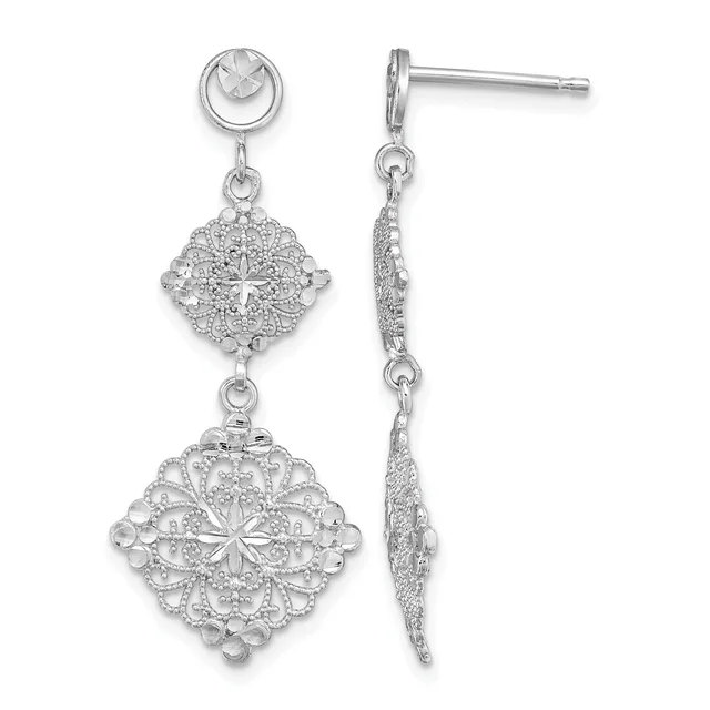 Sterling silver dangle earrings with ornate filigree diamond-shaped pendants suspended from circular studs, shown from front and side views.