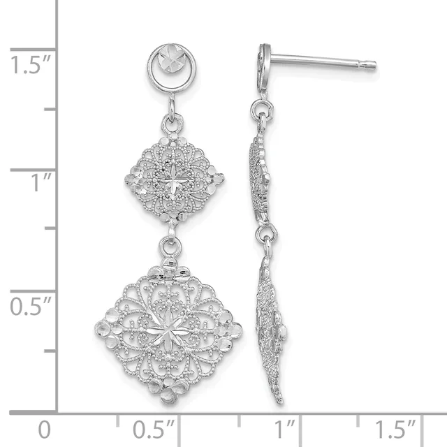 Silver dangle earrings with round stud tops and two ornate diamond-shaped filigree charms connected by links, displayed against a measurement ruler.