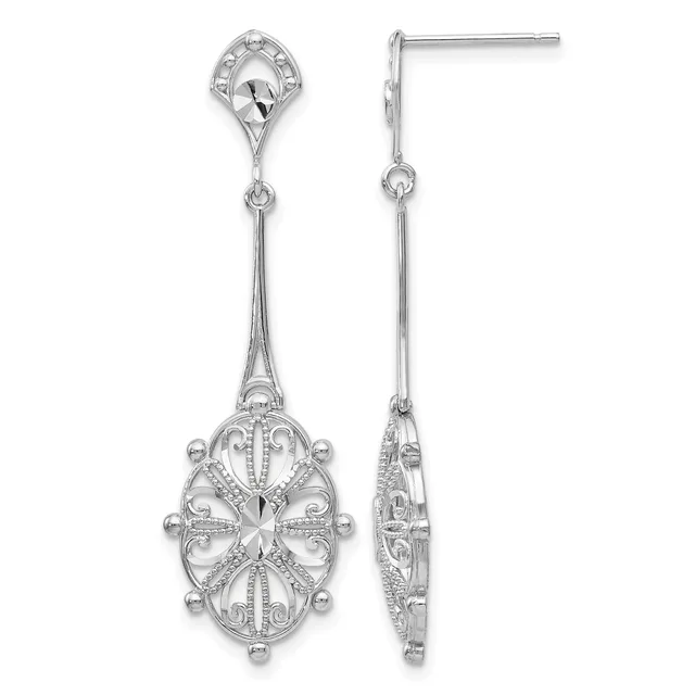 Pair of ornate silver drop earrings with filigree detailing, shown from front and side views.