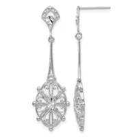 Pair of ornate silver drop earrings with filigree detailing, shown from front and side views.