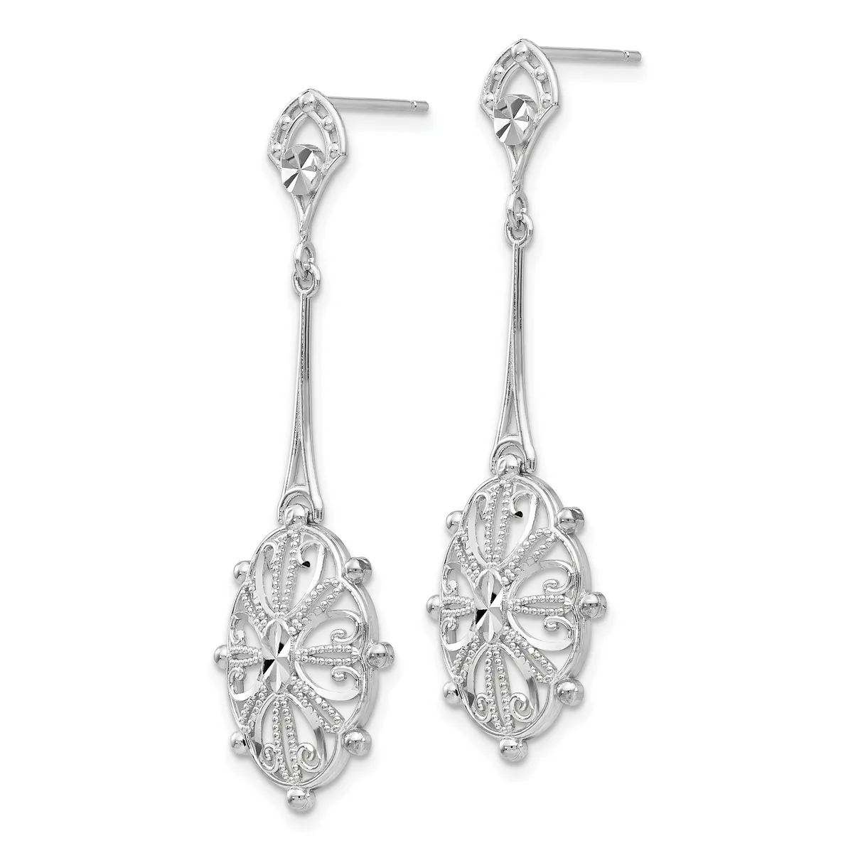 A pair of silver drop earrings with ornate filigree oval pendants suspended from delicate stems, displayed against a white background.