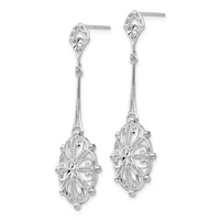 A pair of silver drop earrings with ornate filigree oval pendants suspended from delicate stems, displayed against a white background.