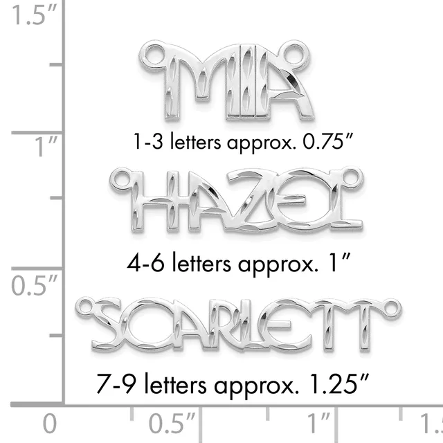Three silver letter charms of increasing sizes displayed with a measurement ruler, showing approximate dimensions for 1-3, 4-6, and 7-9 letter names.