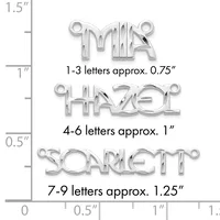 Three silver letter charms of increasing sizes displayed with a measurement ruler, showing approximate dimensions for 1-3, 4-6, and 7-9 letter names.