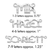 Three silver-toned metal pendants with dangling loops showing text examples in different sizes, labeled by letter count and approximate width measurements.