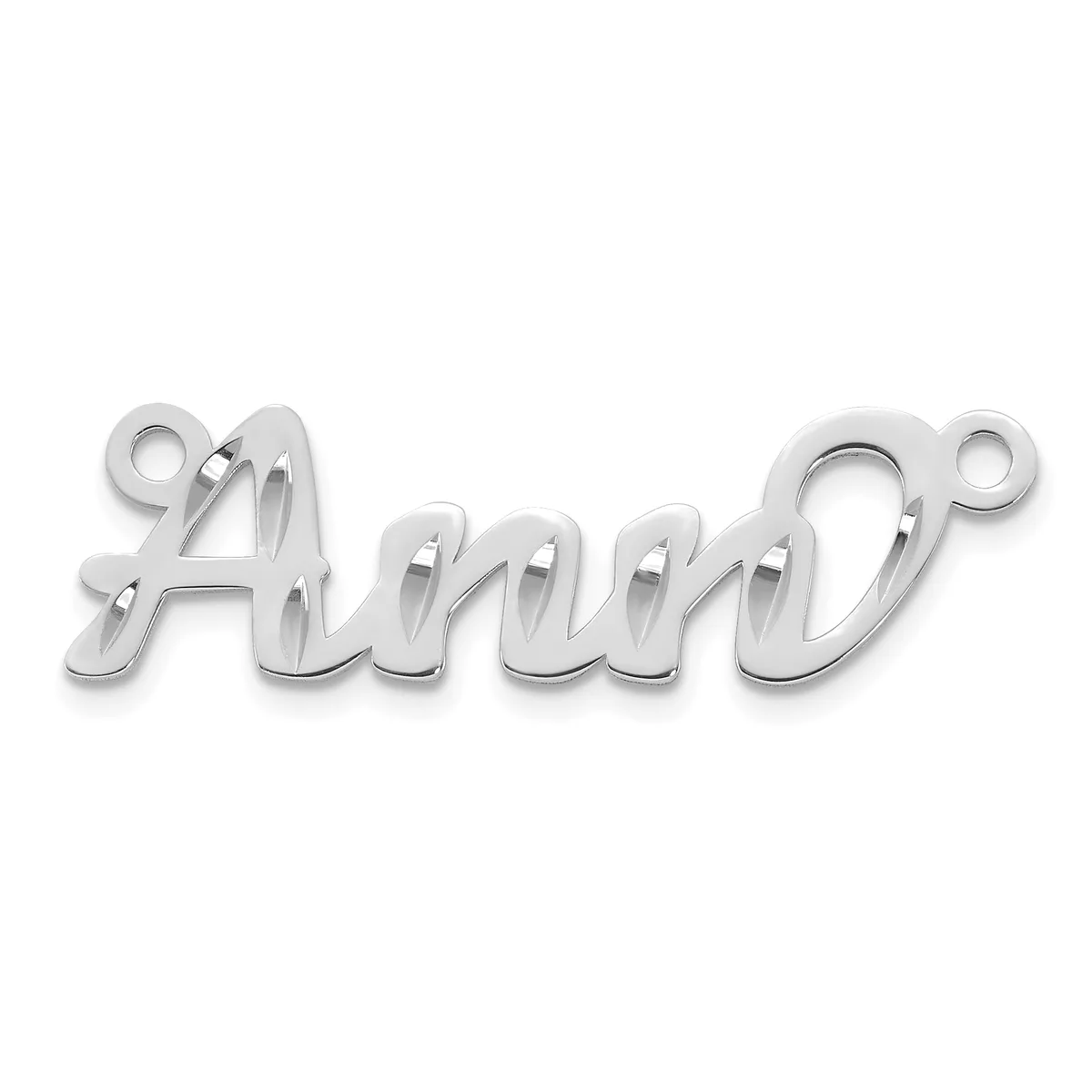 Silver-colored metal pendant or charm spelling "Aman" in cursive script with small loops at each end for attachment.