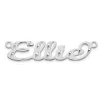 A polished silver-toned metal nameplate pendant with the word spelled out in decorative script lettering, featuring small loop attachments at each end.