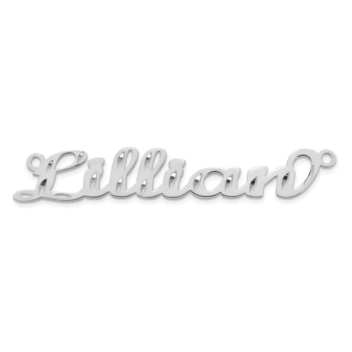 Silver-colored script nameplate pendant with small loop attachments at each end, shown against a white background.