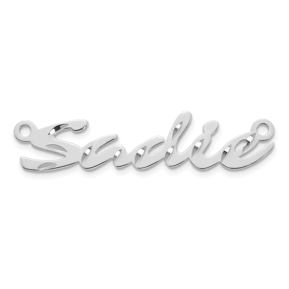A silver-colored metal nameplate pendant with the word "Shelly" in cursive script, featuring small loops at each end for attachment.