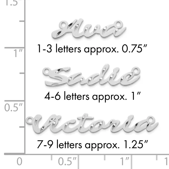 Size reference chart showing three silver script name pendants with measurement guide, displaying letter count and approximate dimensions from 0.75 to 1.25 inches.