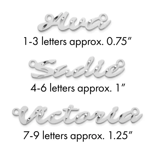 Three silver cursive name pendants shown at actual sizes: 1-3 letters at 0.75 inches, 4-6 letters at 1 inch, and 7-9 letters at 1.25 inches, each with a loop at top for attaching to a chain.