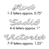 Three silver cursive name pendants shown at actual sizes: 1-3 letters at 0.75 inches, 4-6 letters at 1 inch, and 7-9 letters at 1.25 inches, each with a loop at top for attaching to a chain.