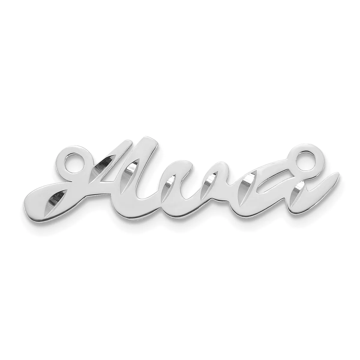 A silver-colored script word pendant with loops at each end, displayed against a white background.