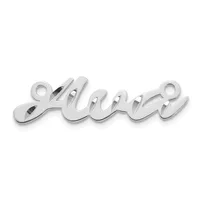 A silver-colored script word pendant with loops at each end, displayed against a white background.