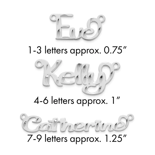 Three silver name charm pendants showing size comparison: "Lia" at 0.75 inches, "Kelly" at 1 inch, and "Catherine" at 1.25 inches, each with loops for attachment.