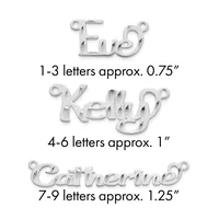 Three silver name charm pendants showing size comparison: "Lia" at 0.75 inches, "Kelly" at 1 inch, and "Catherine" at 1.25 inches, each with loops for attachment.
