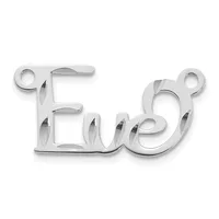 Silver-toned metal charm or pendant shaped like the word "love" with decorative leaf details and two small loops at the top for attachment.