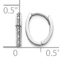Pair of silver oval hoop earrings with hinged closures, one showing diamond or crystal accents along the inner curve, displayed with measurement scale indicating 0.5 inch diameter.