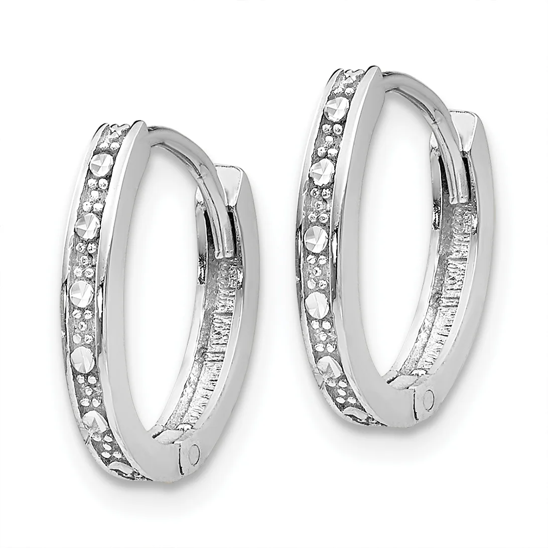 A pair of silver hoop earrings with rectangular hinged closures, decorated with rows of round and baguette-cut cubic zirconia stones along the outer edges.