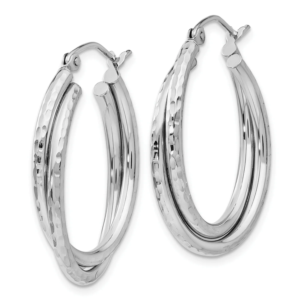 A pair of silver hoop earrings with a textured hammered finish and hinged post closures, displayed side by side.