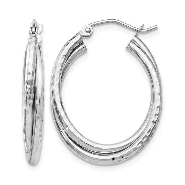 Pair of silver oval hoop earrings with textured surface and hinged posts, shown from front and side views.