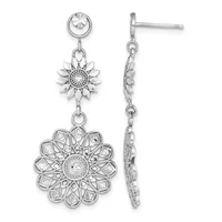 Silver dangle earrings with stud posts featuring small sunflowers at the top and larger ornate flower medallions with cubic zirconia stones below, shown front and side view.