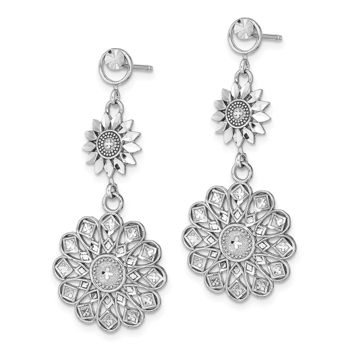 Pair of silver dangle earrings with cubic zirconia studs at top, small sunflower charms in the middle, and larger ornate flower pendants with square crystal accents at the bottom.