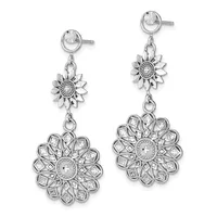 Pair of silver dangle earrings with cubic zirconia studs at top, small sunflower charms in the middle, and larger ornate flower pendants with square crystal accents at the bottom.