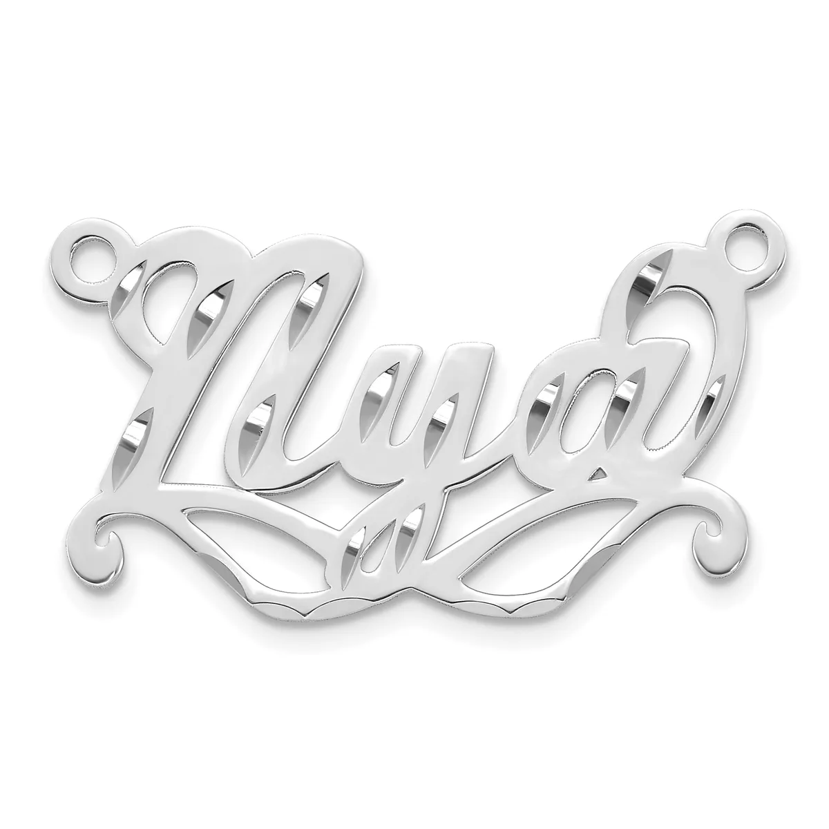 Silver-toned metal pendant with decorative scrollwork featuring the word "Leigh" in script lettering, with two small loops at the top for attachment.