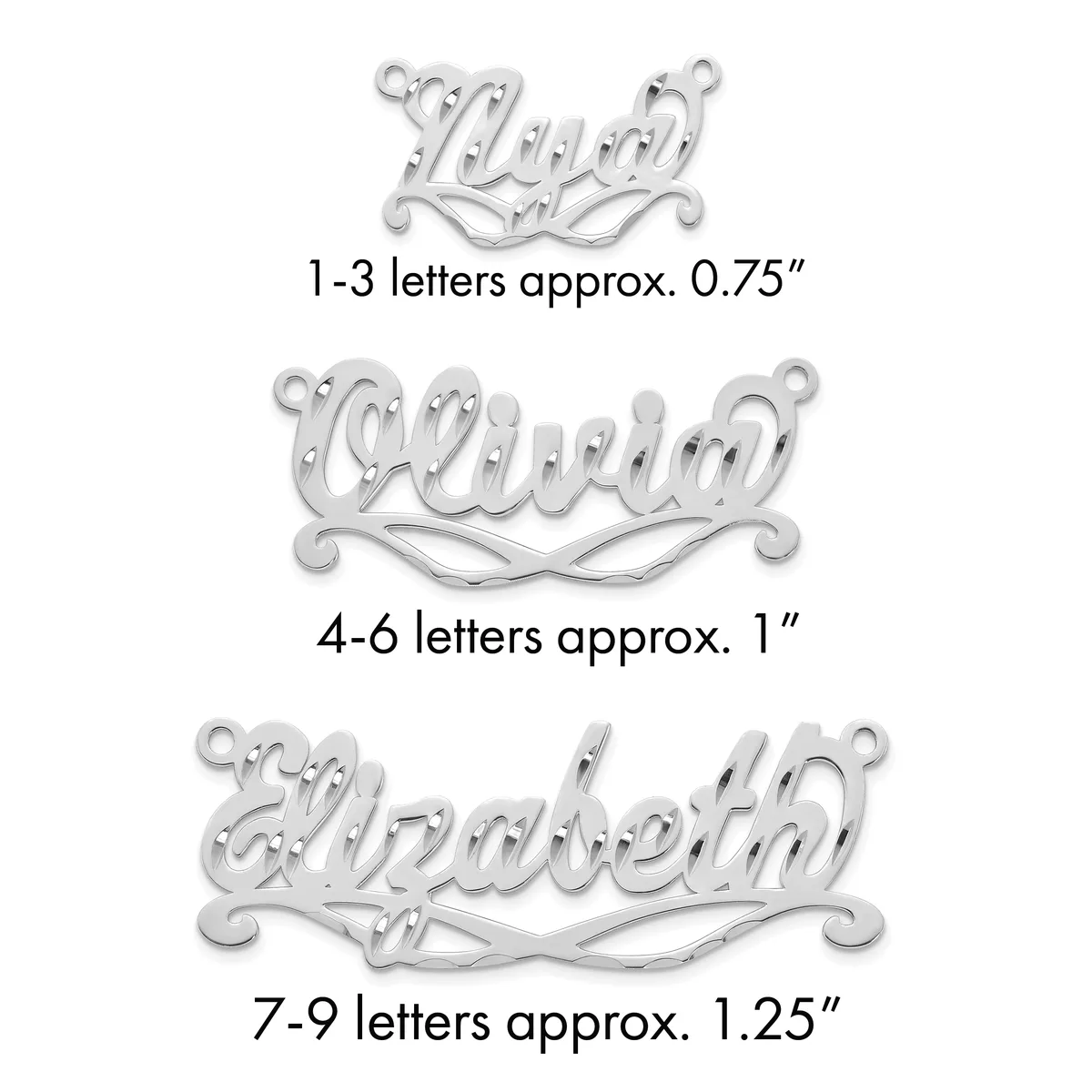 Three silver-colored name pendants shown in increasing sizes, displaying examples for 1-3 letters, 4-6 letters, and 7-9 letters with approximate measurements.