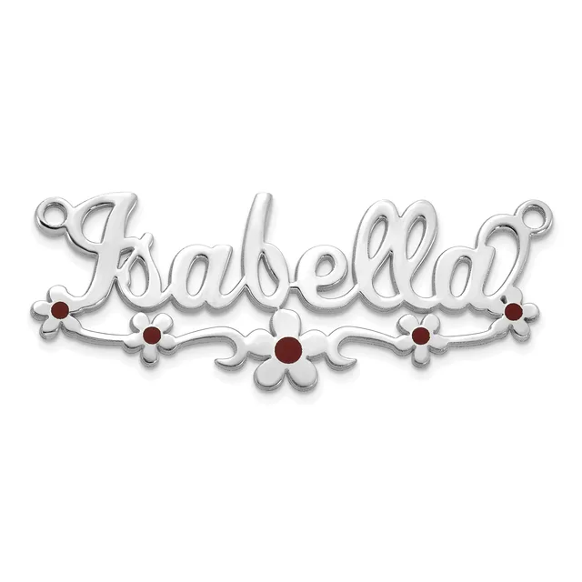 Silver-toned ornamental pendant with the word "Babeldar" in script lettering, decorated with small flower motifs and dark red gemstones along the bottom edge.