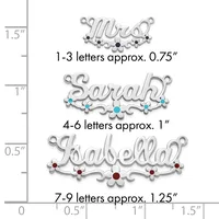 Three silver name pendants with decorative flourishes shown next to a ruler, displaying size variations from 0.75 to 1.25 inches in width, some adorned with colored stones.