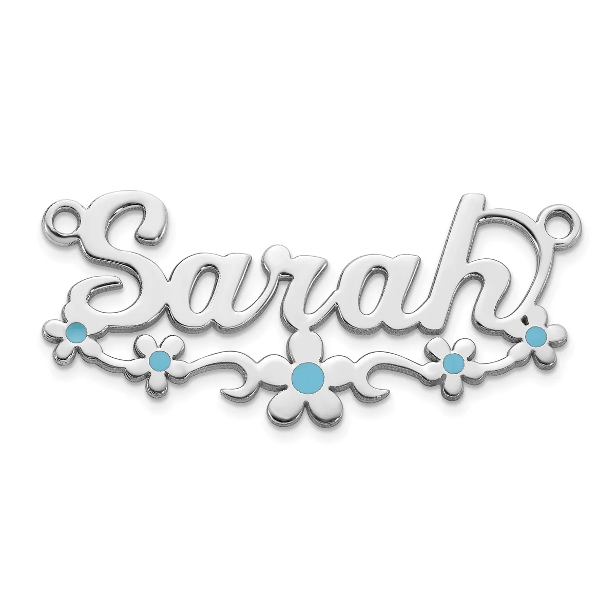 Silver decorative nameplate pendant spelling "Sarah" with turquoise stone accents and ornamental flourishes, displayed against a white background.