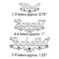Three silver name pendants with decorative flourishes and gemstone accents, sized for 1-3, 4-6, and 7-9 letter names respectively.