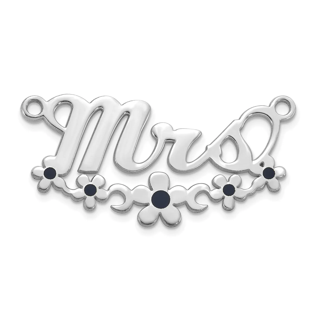 Silver connector pendant with the word "Mom" in script, decorated with small flower motifs and black gemstone centers, featuring loops on each end.