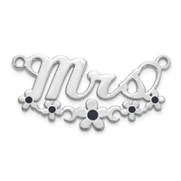 Silver connector pendant with the word "Mom" in script, decorated with small flower motifs and black gemstone centers, featuring loops on each end.