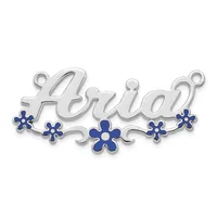 Silver pendant with cursive script text and blue enamel flowers, featuring small loops at top for attachment.