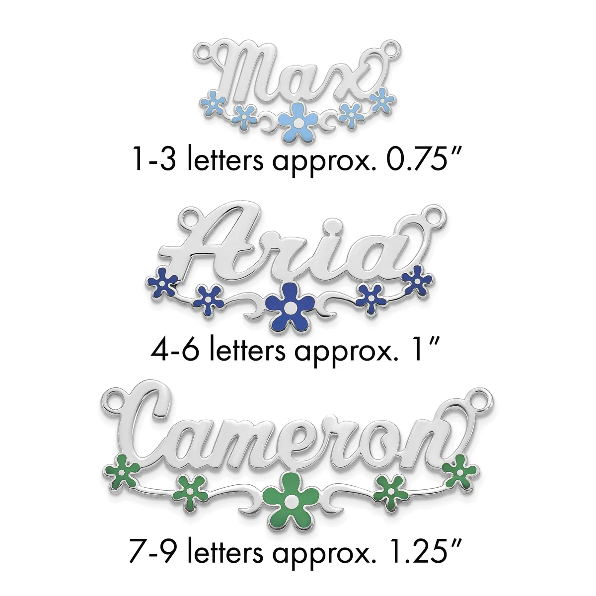 Three silver name pendants with decorative flowers in varying sizes, labeled by letter count and approximate dimensions.