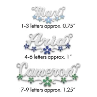 Three silver name pendants with decorative flowers in varying sizes, labeled by letter count and approximate dimensions.