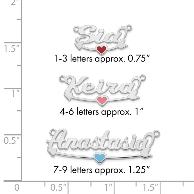 Three silver name pendants with hearts displayed against a measurement ruler showing their sizes: Syd at 0.75 inches, Keira at 1 inch, and Anastasia at 1.25 inches.